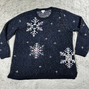 J Jill Snowflake Sweater Women's Size 2X Navy Blue Holiday Christmas Party